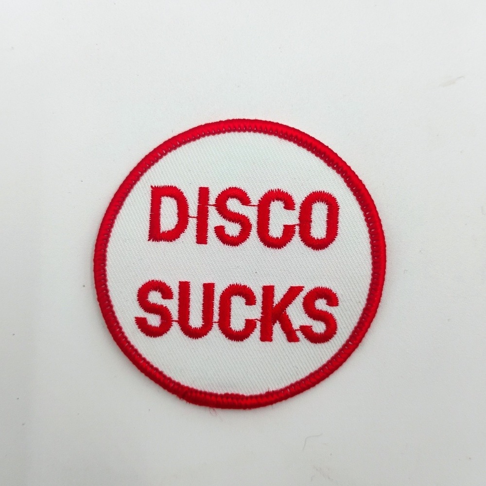 Vintage Disco Sucks Embroidered Patch 3" Round White Red Border Sew Iron On VTG